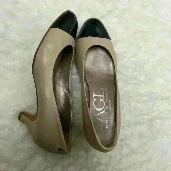 Agl Black Patent Brown Leather Cap Toe Slip On Block - Picture 3 of 8